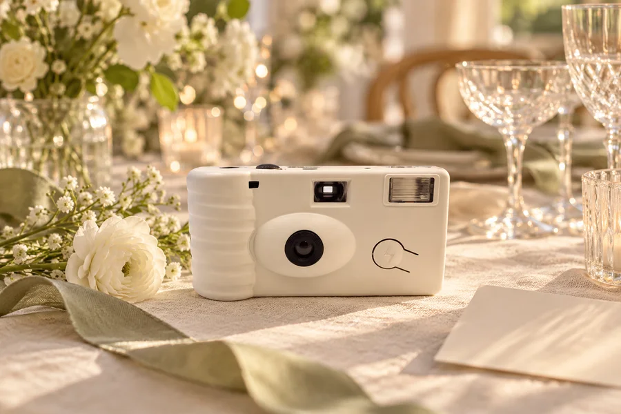 AI-generated inspiration: an ivory disposable camera on a wedding table with cream linen and sage ribbon
